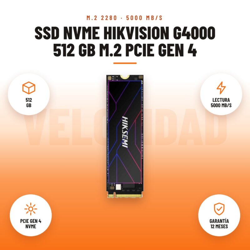 SSD NVMe Hikvision G4000 512 GB M.2 PCIe Gen 4: imagen promocional con 512 gb, lectura 5000 mb/s, pcie gen 4 nvme, garantía 12 meses