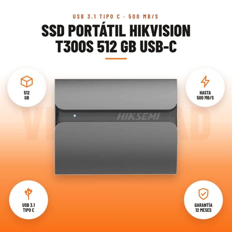 SSD Portátil Hikvision T300S 512 GB USB-C: imagen promocional con 512 gb, hasta 500 mb/s, usb 3.1 tipo c, garantía 12 meses