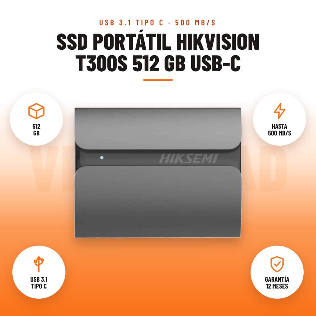 SSD Portátil Hikvision T300S 512 GB USB-C: imagen promocional con 512 gb, hasta 500 mb/s, usb 3.1 tipo c, garantía 12 meses