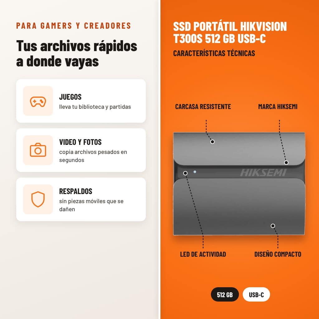 SSD Portátil Hikvision T300S 512 GB USB-C: usos y características técnicas señaladas