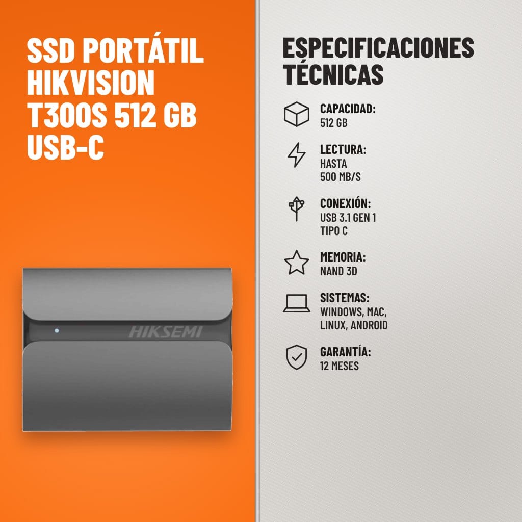 Especificaciones técnicas de SSD Portátil Hikvision T300S 512 GB USB-C