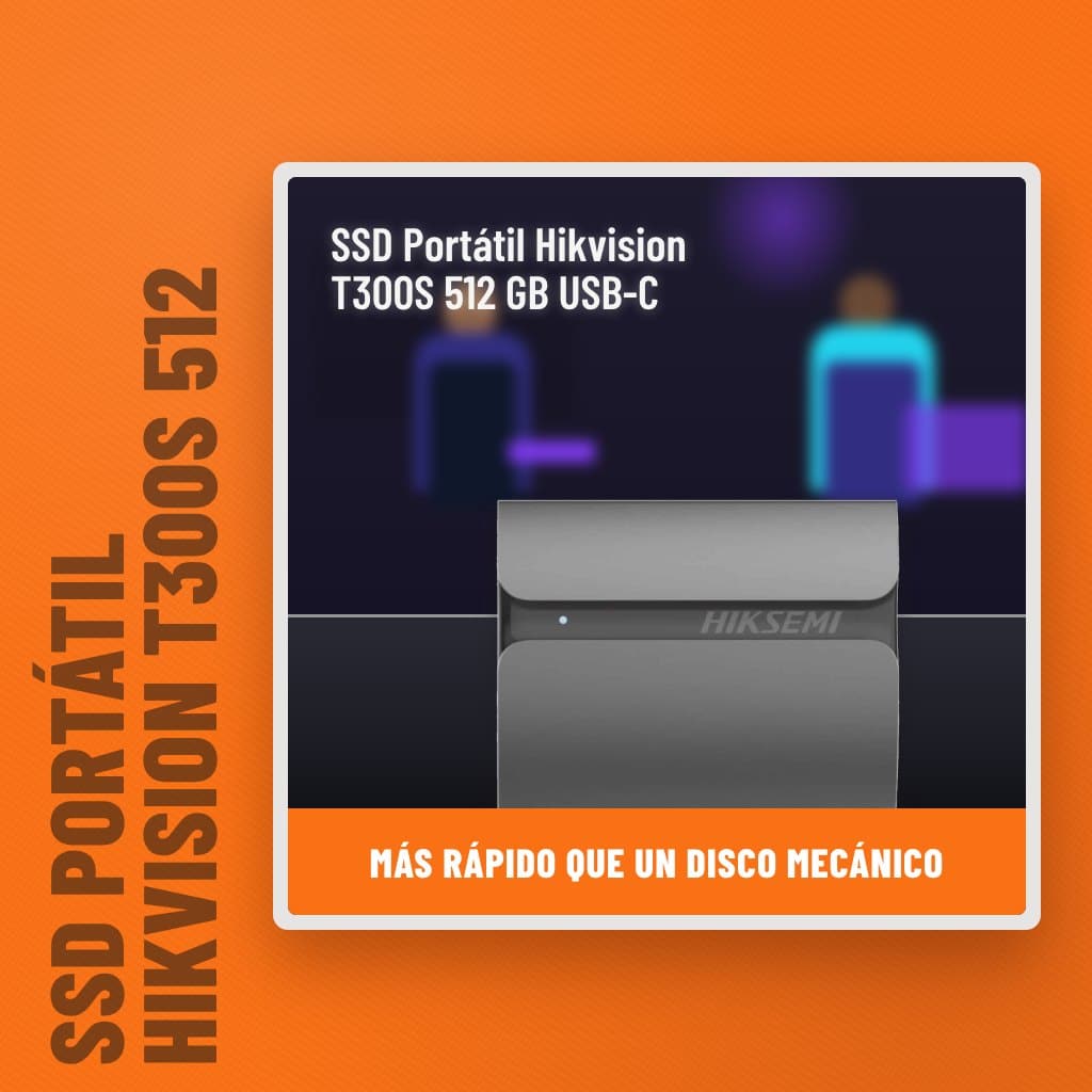 SSD Portátil Hikvision T300S 512 GB USB-C en un set gamer con un profesional al fondo