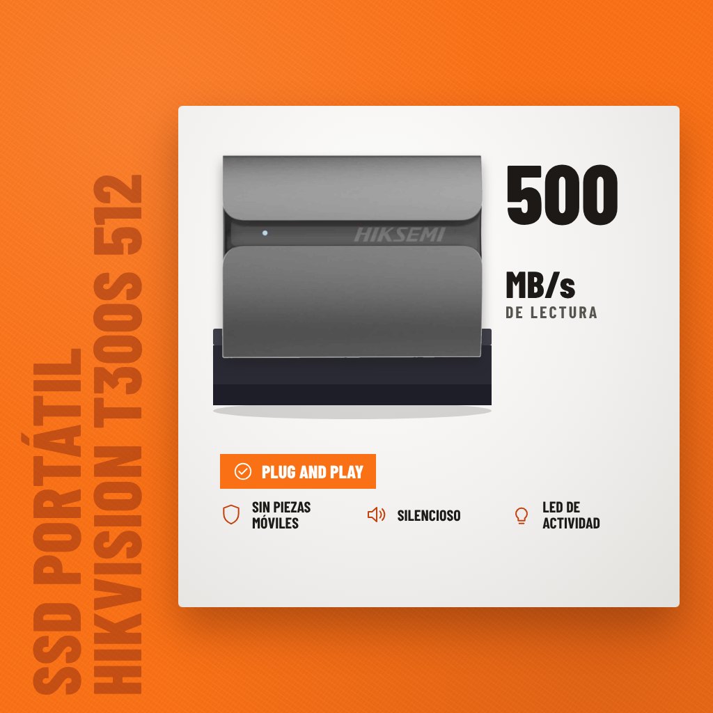SSD Portátil Hikvision T300S 512 GB USB-C sobre soporte con sus beneficios principales