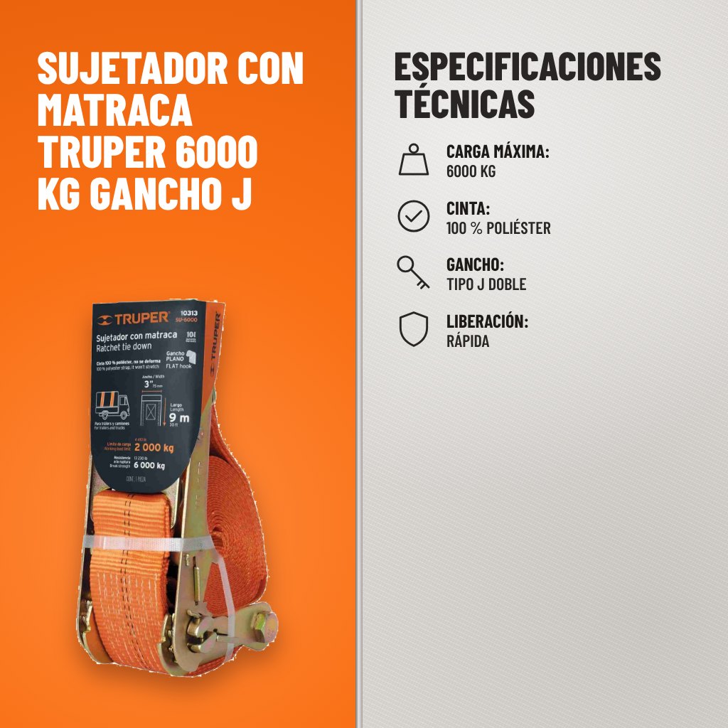 Especificaciones técnicas de Sujetador con Matraca Truper 6000 kg Gancho J