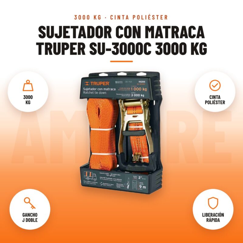 Sujetador con Matraca Truper SU-3000C 3000 kg: imagen promocional con 3000 kg, cinta poliéster, gancho j doble, liberación rápida