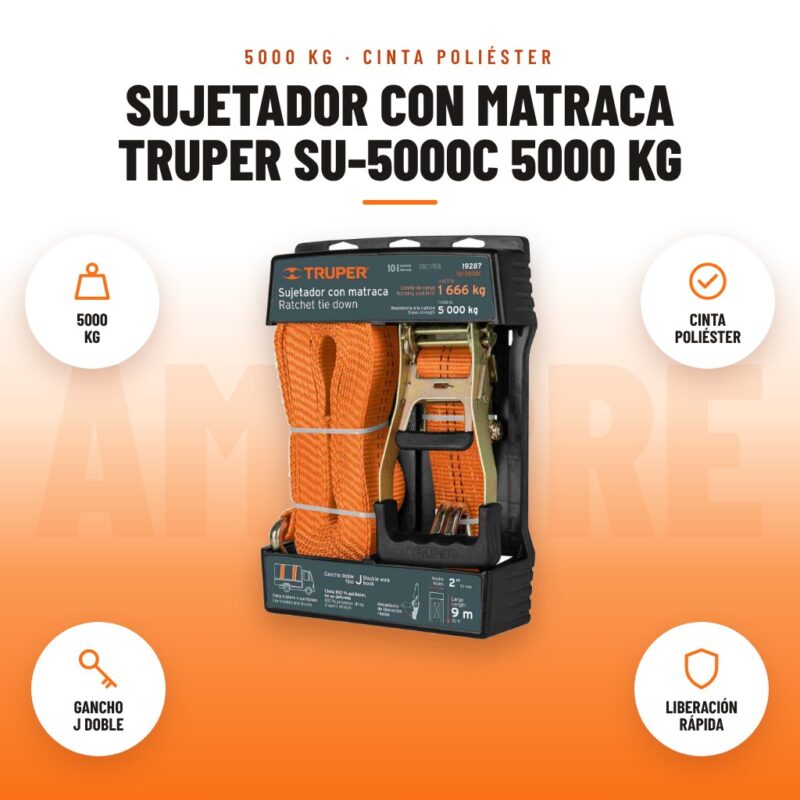 Sujetador con Matraca Truper SU-5000C 5000 kg: imagen promocional con 5000 kg, cinta poliéster, gancho j doble, liberación rápida