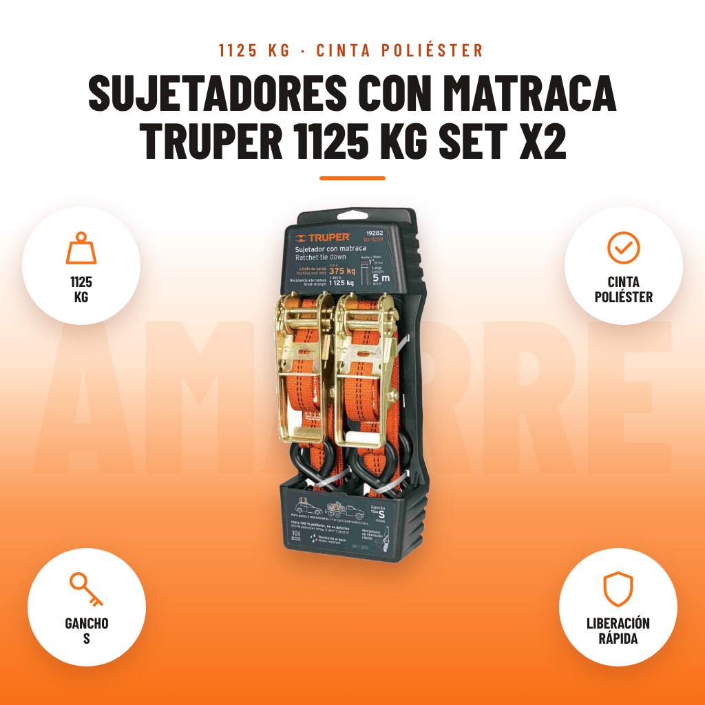 Sujetadores con Matraca Truper 1125 kg Set x2: imagen promocional con 1125 kg, cinta poliéster, gancho s, liberación rápida