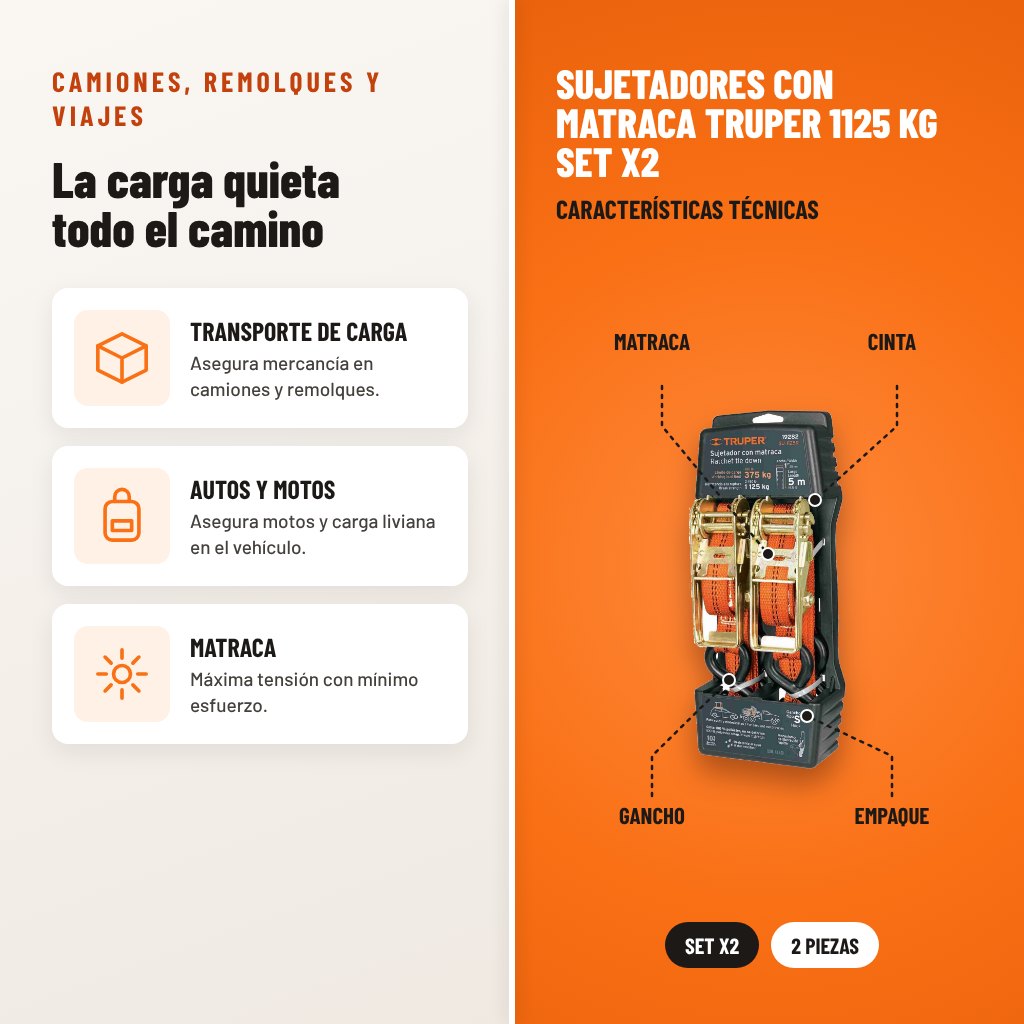 Sujetadores con Matraca Truper 1125 kg Set x2: usos y características técnicas señaladas