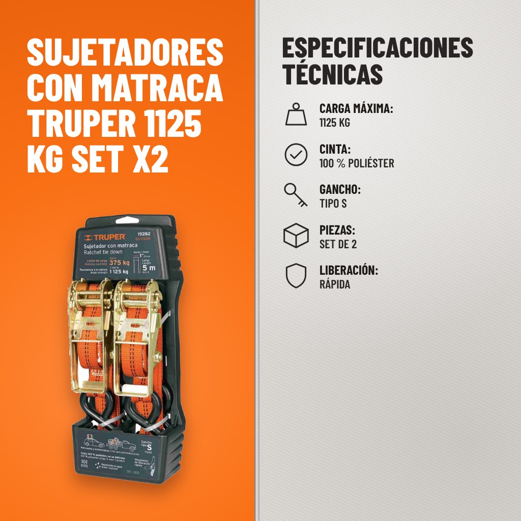 Especificaciones técnicas de Sujetadores con Matraca Truper 1125 kg Set x2