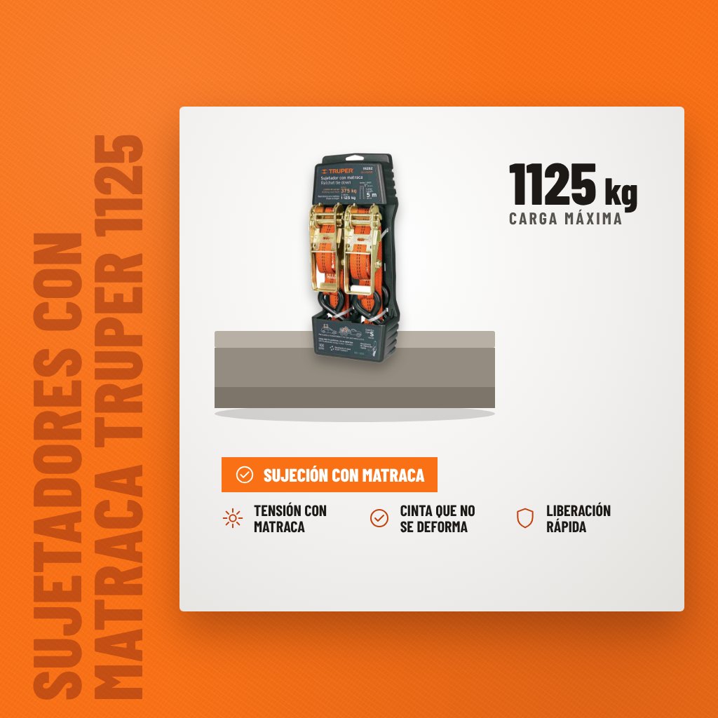 Sujetadores con Matraca Truper 1125 kg Set x2 sobre soporte con sus beneficios principales