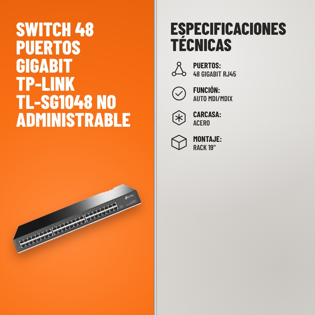 Especificaciones técnicas de Switch 48 Puertos Gigabit TP-Link TL-SG1048 No Administrable