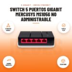 Switch 5 Puertos Gigabit Mercusys MS105G No Administrable: imagen promocional con 5 puertos gigabit, plug & play, ahorra hasta 82%, escritorio
