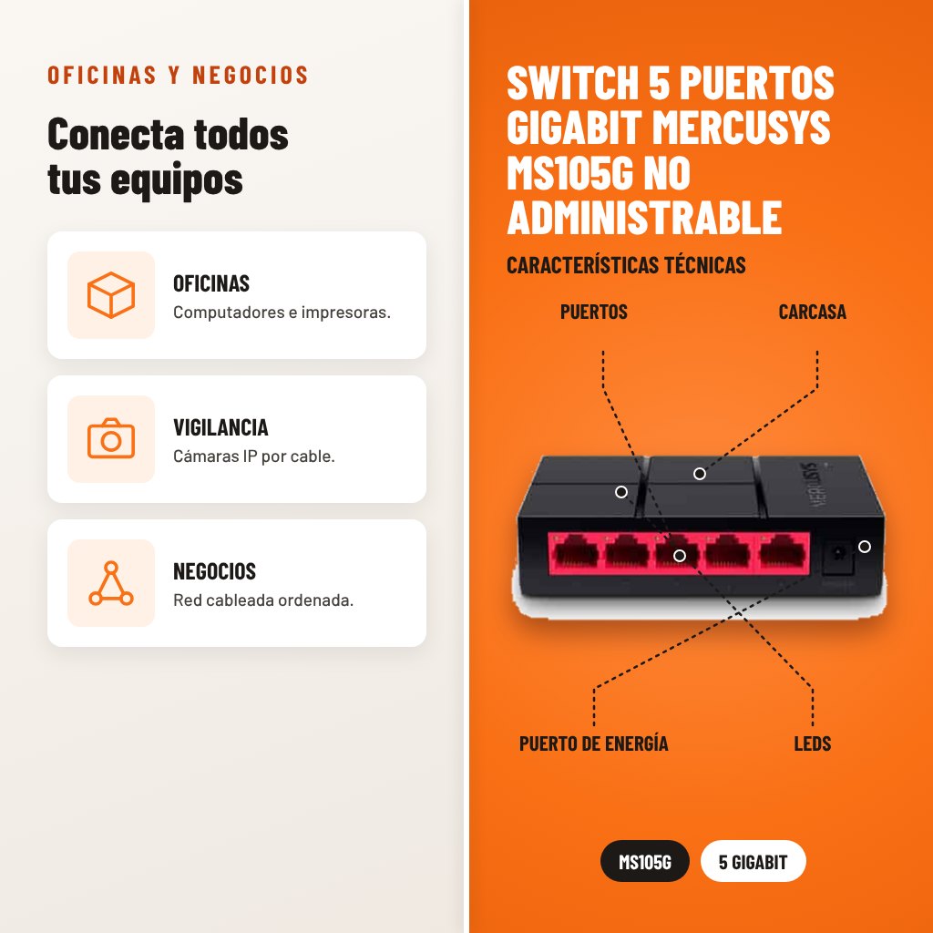 Switch 5 Puertos Gigabit Mercusys MS105G No Administrable: usos y características técnicas señaladas