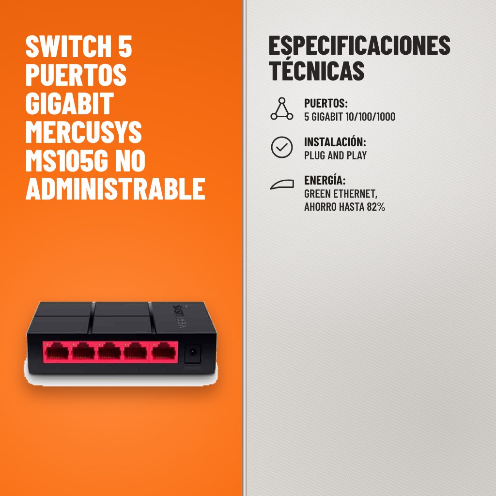 Especificaciones técnicas de Switch 5 Puertos Gigabit Mercusys MS105G No Administrable
