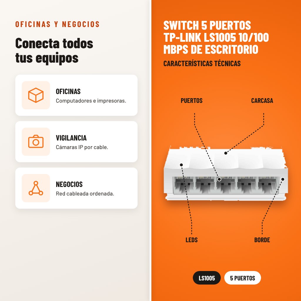 Switch 5 puertos TP-Link LS1005 10/100 Mbps de escritorio: usos y características técnicas señaladas