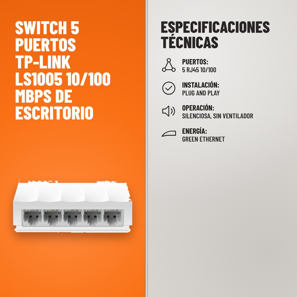 Especificaciones técnicas de Switch 5 puertos TP-Link LS1005 10/100 Mbps de escritorio