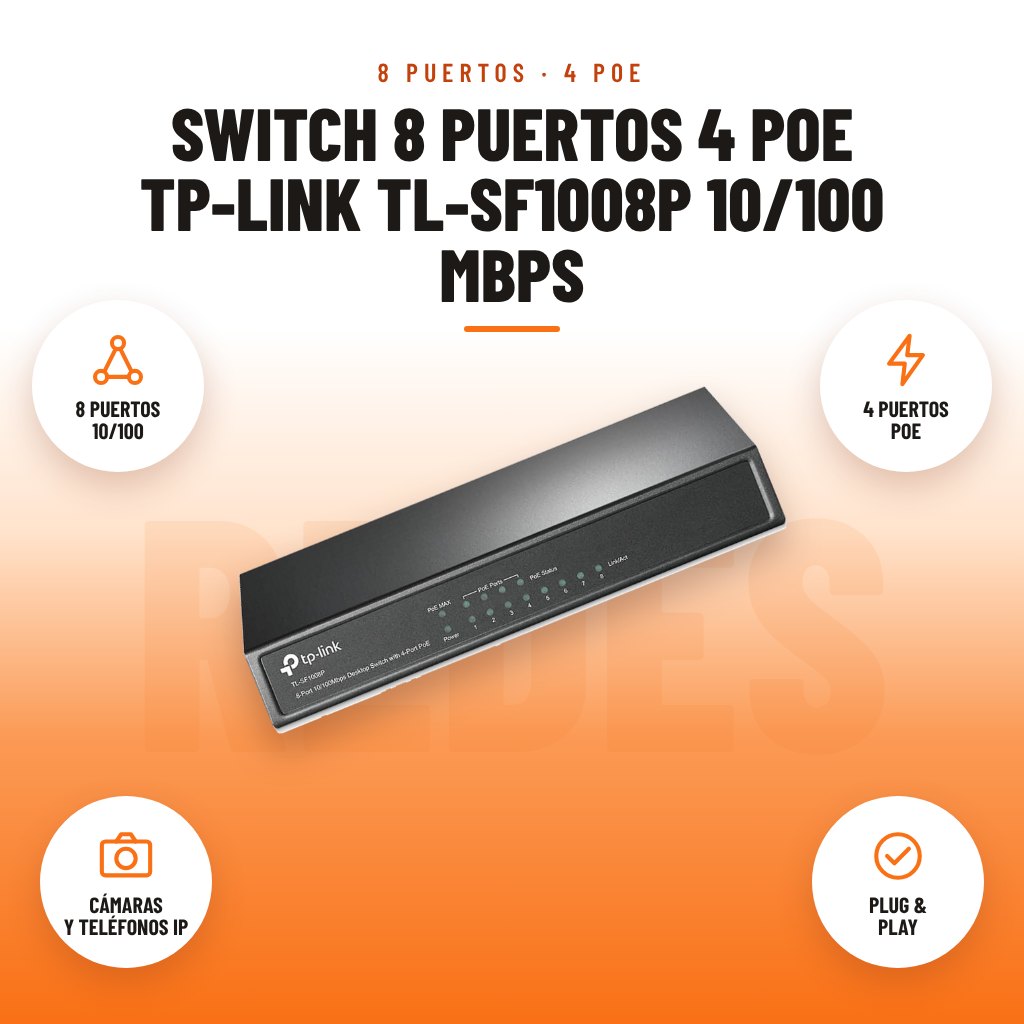 Switch 8 Puertos 4 PoE TP-Link TL-SF1008P 10/100 Mbps: imagen promocional con 8 puertos 10/100, 4 puertos poe, cámaras y teléfonos ip, plug & play