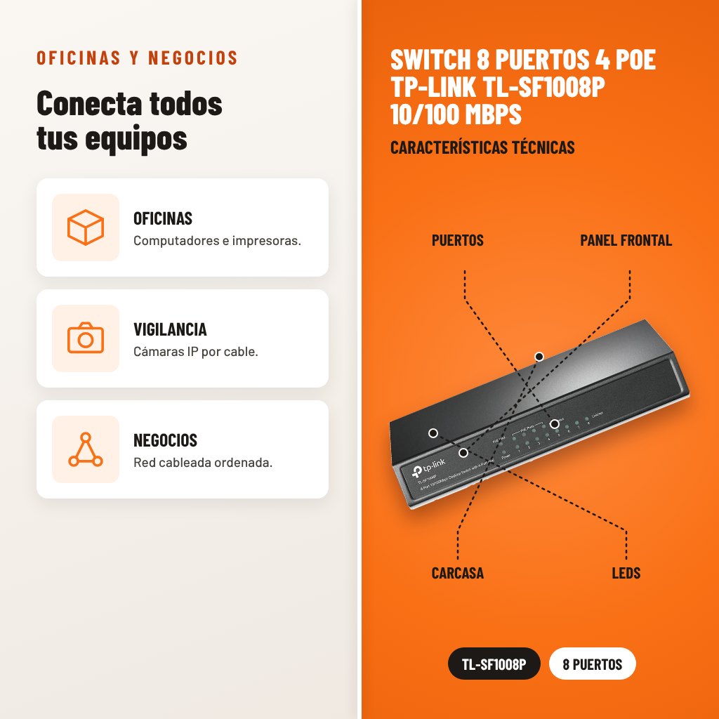 Switch 8 Puertos 4 PoE TP-Link TL-SF1008P 10/100 Mbps: usos y características técnicas señaladas