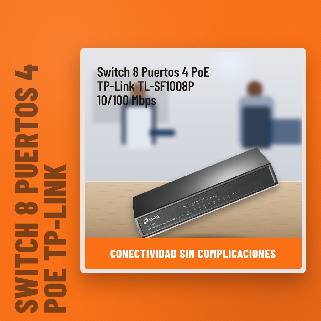 Switch 8 Puertos 4 PoE TP-Link TL-SF1008P 10/100 Mbps en una oficina con un profesional al fondo