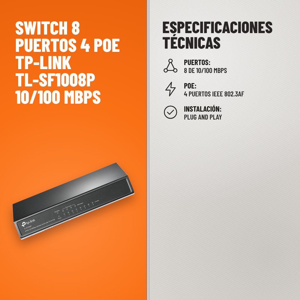 Especificaciones técnicas de Switch 8 Puertos 4 PoE TP-Link TL-SF1008P 10/100 Mbps