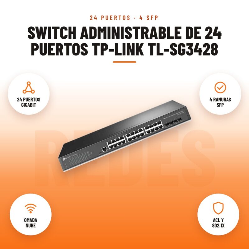 Switch Administrable de 24 puertos Tp-link TL-SG3428: imagen promocional con 24 puertos gigabit, 4 ranuras sfp, omada nube, acl y 802.1x