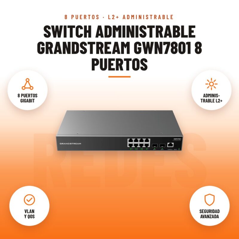 Switch Administrable Grandstream GWN7801 8 Puertos: imagen promocional con 8 puertos gigabit, adminis- trable l2+, vlan y qos, seguridad avanzada