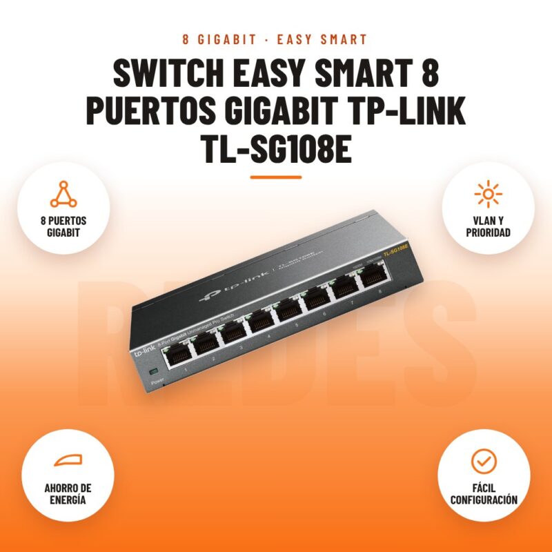 Switch Easy Smart 8 puertos Gigabit TP-Link TL-SG108E: imagen promocional con 8 puertos gigabit, vlan y prioridad, ahorro de energía, fácil configuración