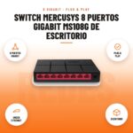Switch Mercusys 8 puertos Gigabit MS108G de escritorio: imagen promocional con 8 puertos gigabit, plug & play, green ethernet, escritorio