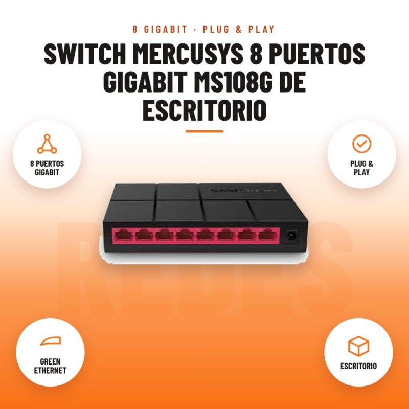 Switch Mercusys 8 puertos Gigabit MS108G de escritorio: imagen promocional con 8 puertos gigabit, plug & play, green ethernet, escritorio
