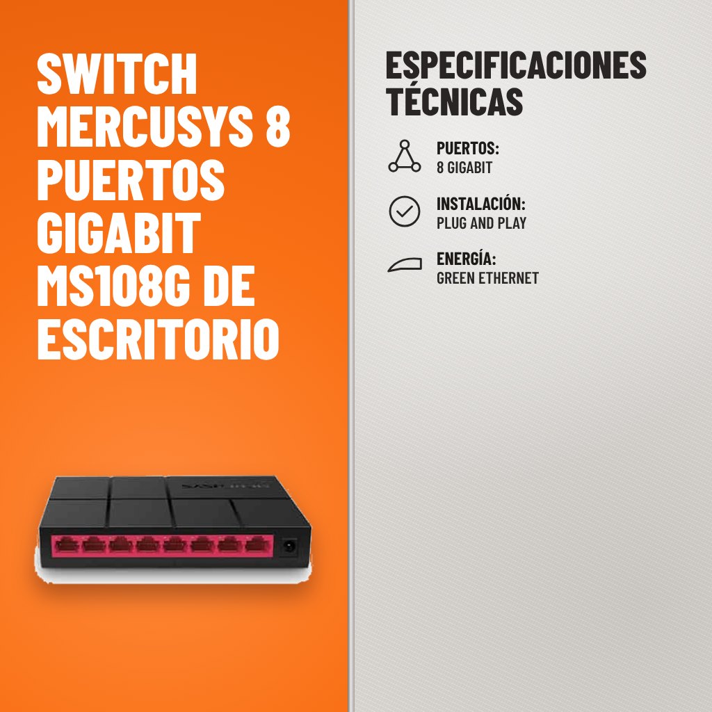 Especificaciones técnicas de Switch Mercusys 8 puertos Gigabit MS108G de escritorio