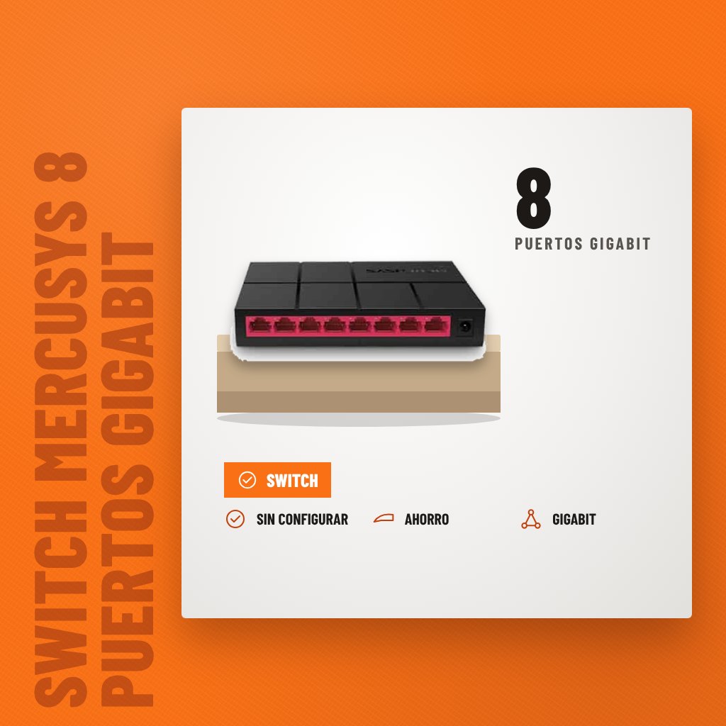 Switch Mercusys 8 puertos Gigabit MS108G de escritorio sobre soporte con sus beneficios principales