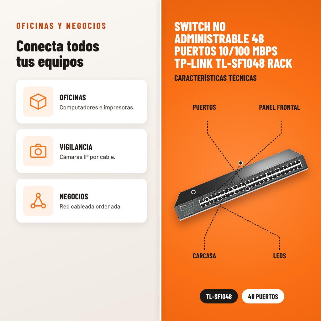 Switch No Administrable 48 puertos 10/100 Mbps TP-Link TL-SF1048 Rack: usos y características técnicas señaladas