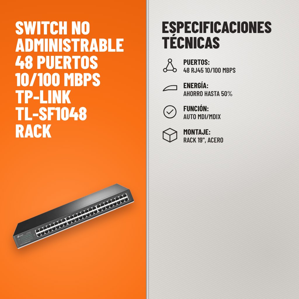 Especificaciones técnicas de Switch No Administrable 48 puertos 10/100 Mbps TP-Link TL-SF1048 Rack
