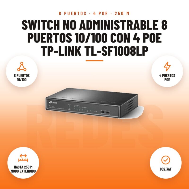 Switch No Administrable 8 puertos 10/100 con 4 PoE TP-Link TL-SF1008LP: imagen promocional con 8 puertos 10/100, 4 puertos poe, hasta 250 m modo extendido, 802.3af