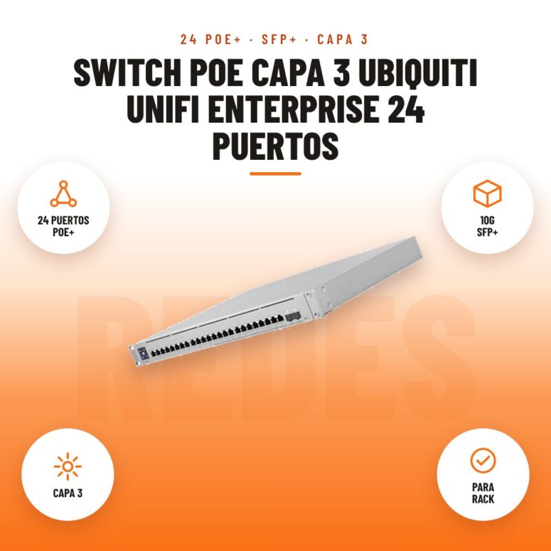 Switch PoE capa 3 Ubiquiti UniFi Enterprise 24 puertos: imagen promocional con 24 puertos poe+, 10g sfp+, capa 3, para rack