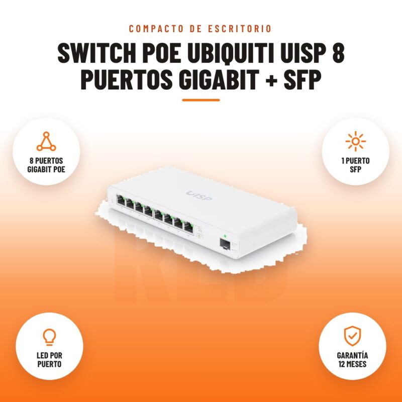 Switch PoE Ubiquiti UISP 8 Puertos Gigabit + SFP: imagen promocional con 8 puertos gigabit poe, 1 puerto sfp, led por puerto, garantía 12 meses