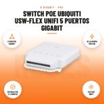 Switch PoE Ubiquiti USW-Flex UniFi 5 Puertos Gigabit: imagen promocional con 5 puertos gigabit, se alimenta por poe, entrega poe a 4 equipos, gestión unifi
