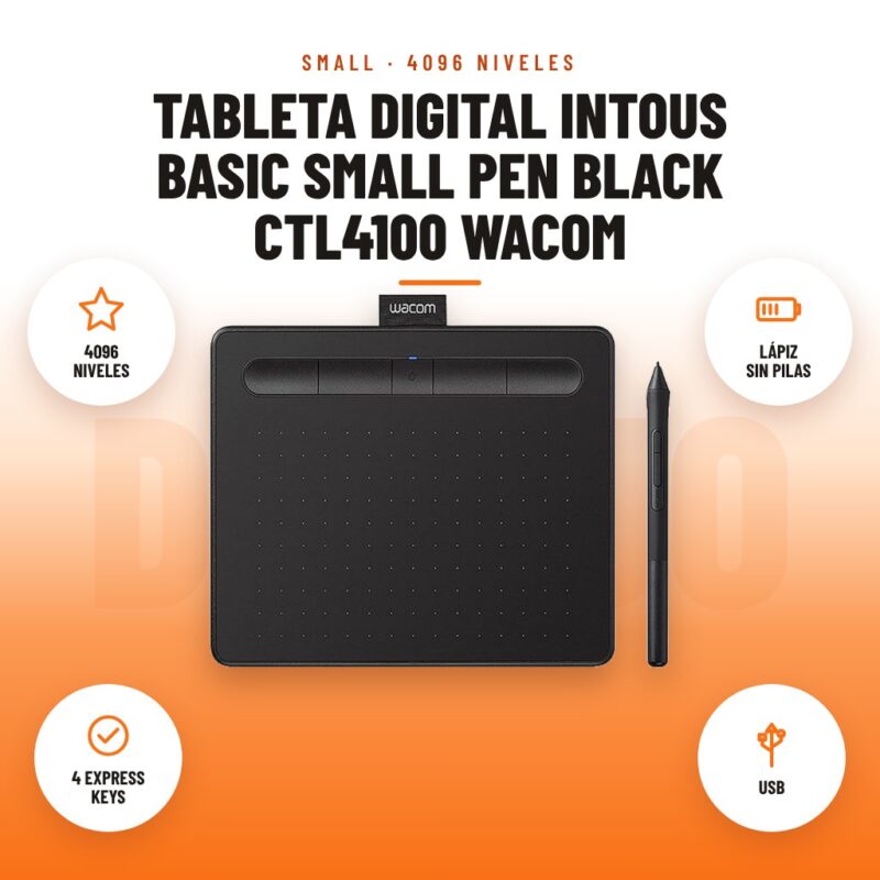 Tableta Digital Intous Basic Small Pen Black CTL4100 Wacom: imagen promocional con 4096 niveles, lápiz sin pilas, 4 express keys, usb