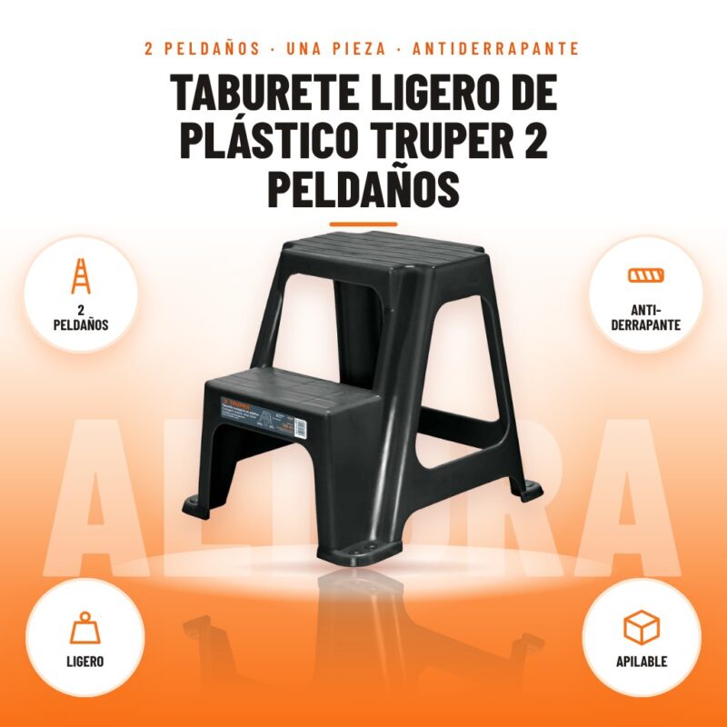 Taburete Ligero de Plástico Truper 2 Peldaños: imagen promocional con 2 peldaños, anti- derrapante, ligero, apilable