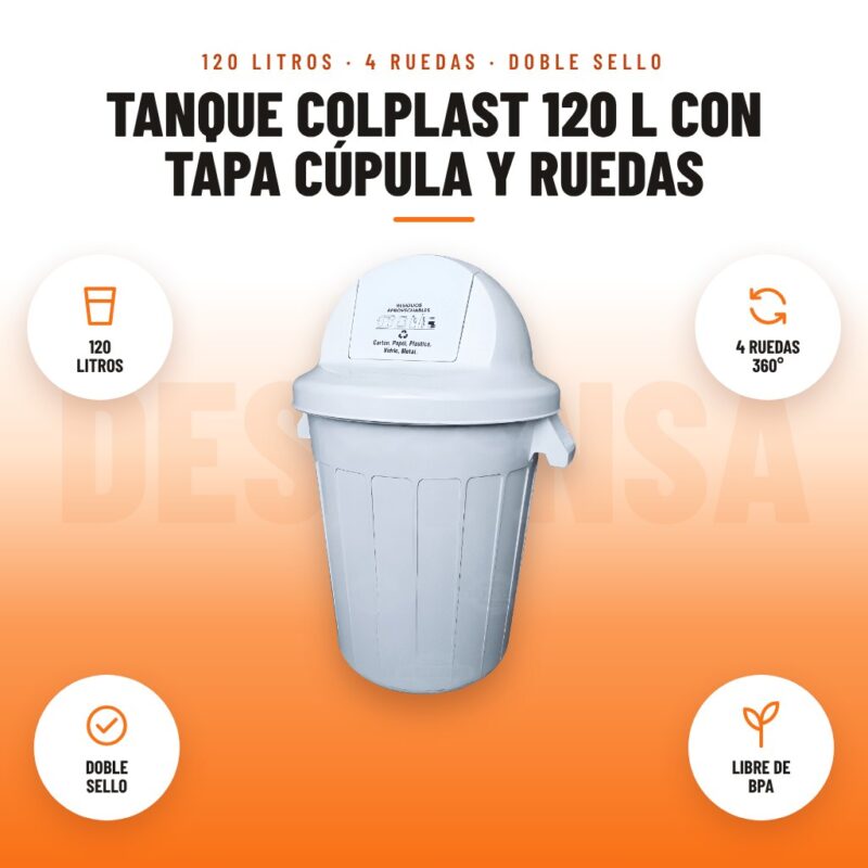 Tanque Colplast 120 L con Tapa Cúpula y Ruedas: imagen promocional con 120 litros, 4 ruedas 360°, doble sello, libre de bpa