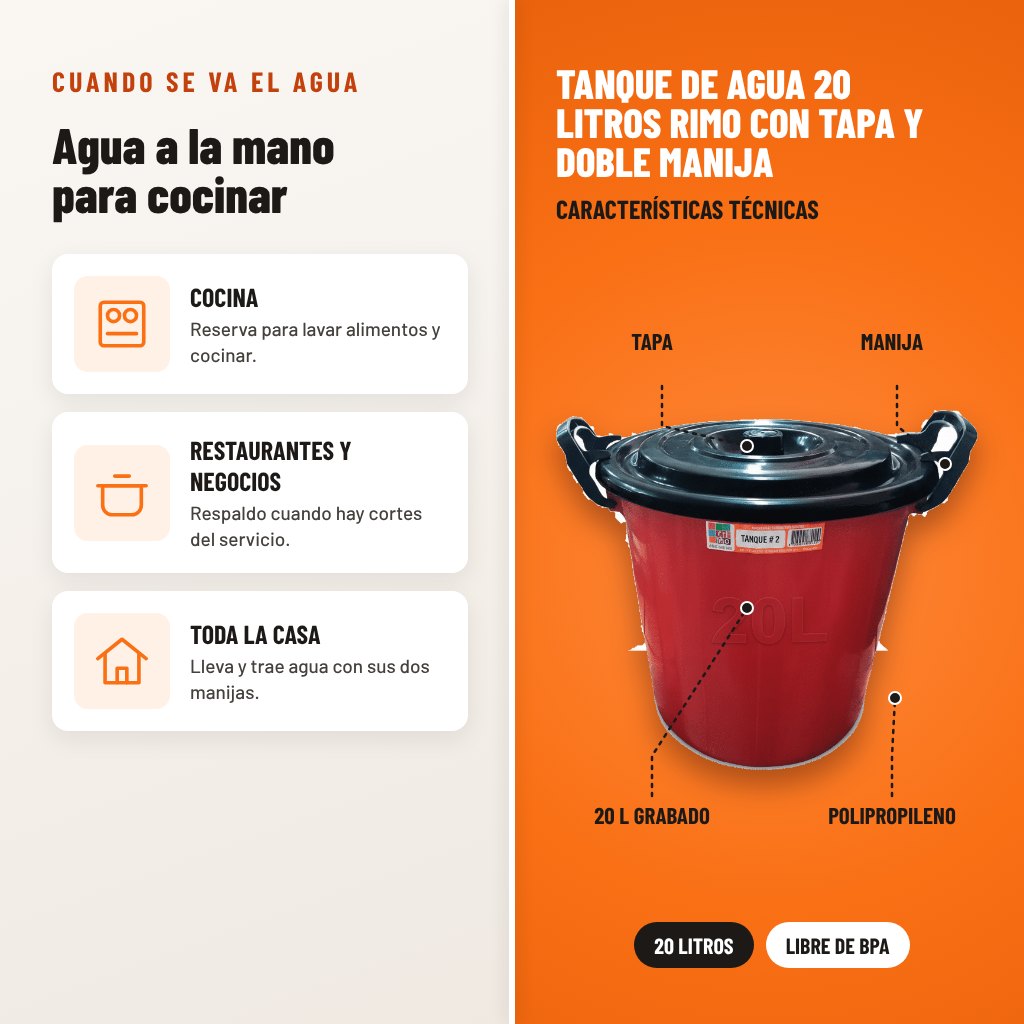 Tanque de Agua 20 Litros Rimo con Tapa y Doble Manija: usos y características técnicas señaladas