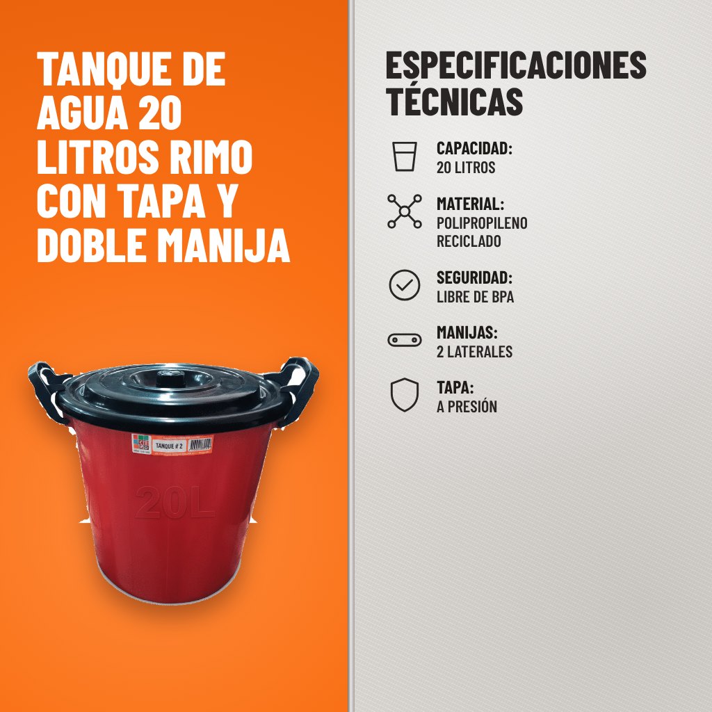 Especificaciones técnicas de Tanque de Agua 20 Litros Rimo con Tapa y Doble Manija