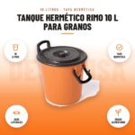 Tanque Hermético Rimo 10 L para Granos: imagen promocional con 10 litros, tapa hermética, asas laterales, grado alimentario