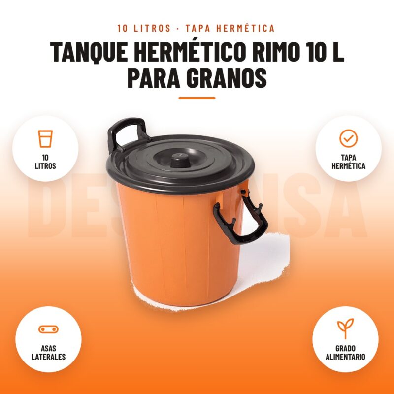 Tanque Hermético Rimo 10 L para Granos: imagen promocional con 10 litros, tapa hermética, asas laterales, grado alimentario