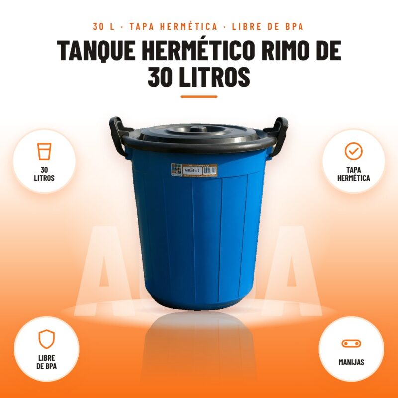 Tanque Hermético Rimo de 30 Litros: imagen promocional con 30 litros, tapa hermética, libre de bpa, manijas