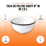 Taza de Peltre Cheff N° 10 de 1.5 L: imagen promocional con 1,5 litros, acero vitrificado, 13 cm diámetro, 420 g