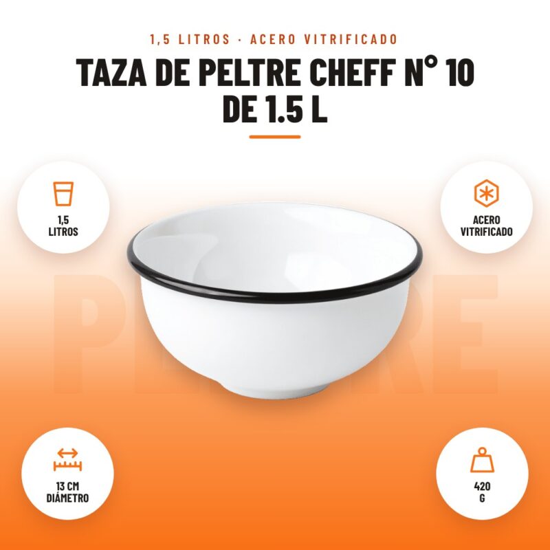 Taza de Peltre Cheff N° 10 de 1.5 L: imagen promocional con 1,5 litros, acero vitrificado, 13 cm diámetro, 420 g