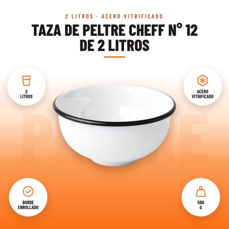 Taza de Peltre Cheff N° 12 de 2 Litros: imagen promocional con 2 litros, acero vitrificado, borde enrollado, 580 g