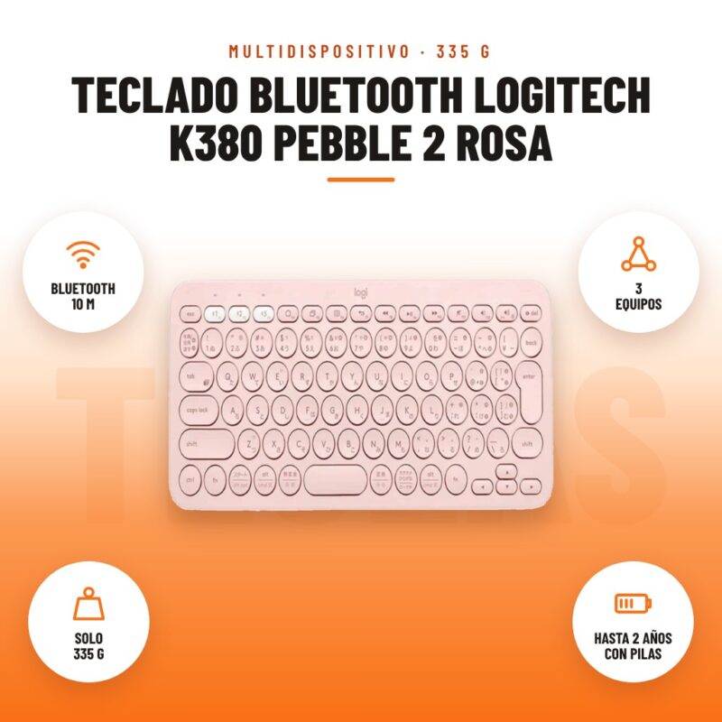 Teclado Bluetooth Logitech K380 Pebble 2 Rosa: imagen promocional con bluetooth 10 m, 3 equipos, solo 335 g, hasta 2 años con pilas