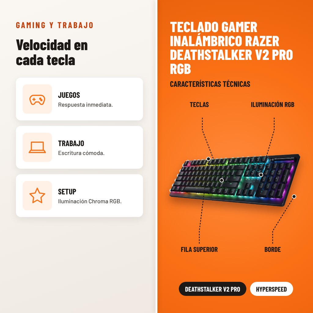 Teclado Gamer Inalámbrico Razer DeathStalker V2 Pro RGB: usos y características técnicas señaladas
